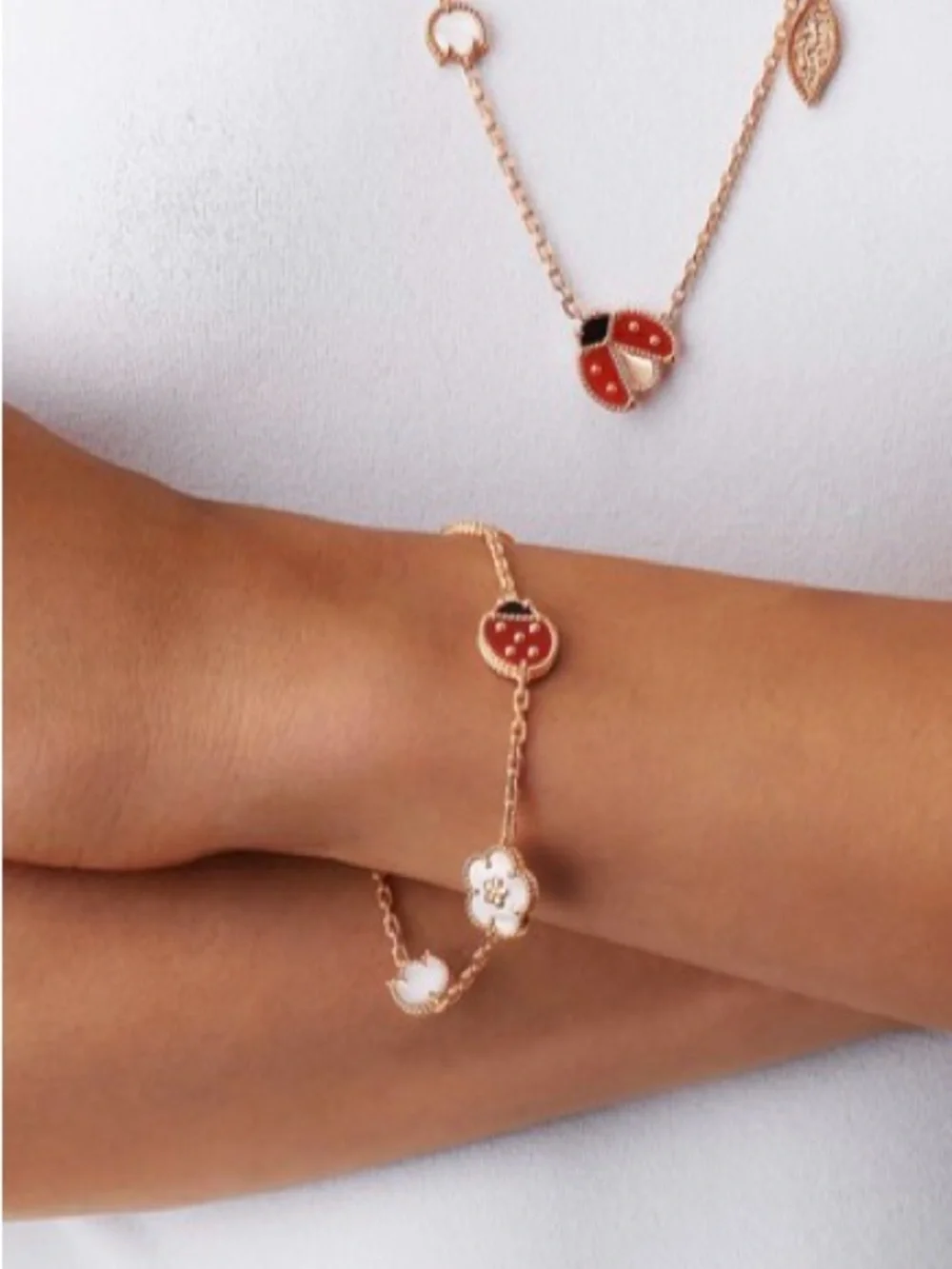Rose Gold Lucky Charm Bracelet with Red Enamel Accent